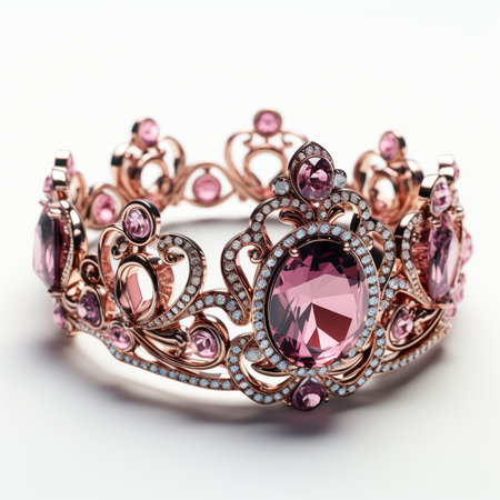 A beautifully crafted rose gold tiara adorned with large pink oval gemstones and smaller pink accent stones, surrounded by sparkling diamonds on a white background.の素材