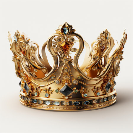 A magnificent golden crown, intricately designed and encrusted with colorful precious gems, symbolizing royalty and luxury.の素材