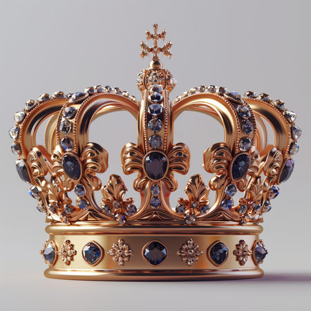 A detailed, ornate golden crown adorned with deep blue and sparkling white gemstones, set against a neutral background.の素材