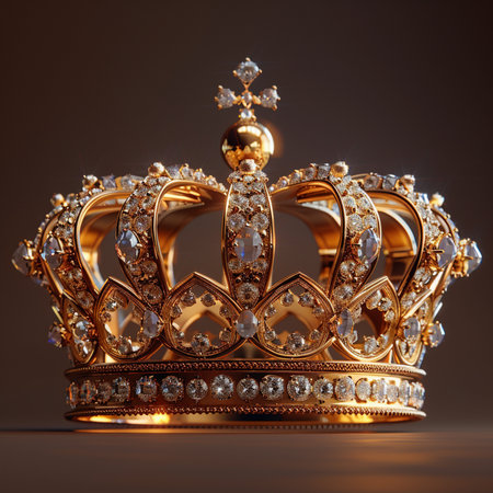 A detailed, ornate golden crown adorned with sparkling diamonds and precious jewels, set against a soft, warm background. Regal symbol of power and wealth.の素材