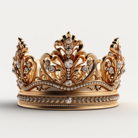 A detailed, opulent golden crown adorned with sparkling diamonds, symbolizing royalty, luxury, and status. Perfect for themes of power and prestige.の素材