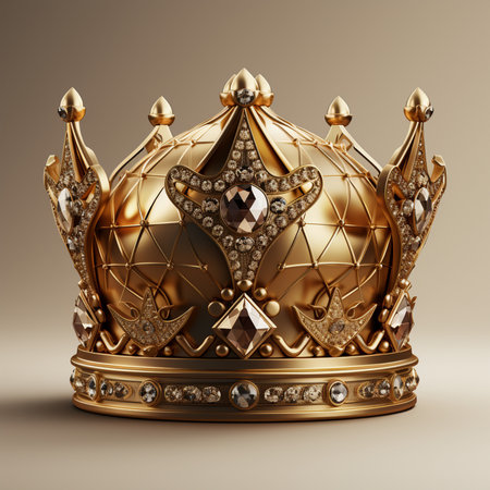 A luxurious golden crown adorned with diamonds and gemstones, presented on a neutral, minimalist background for a clean, elegant display.の素材