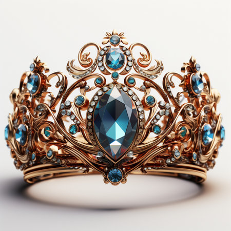 An ornate, vintage-style gold tiara adorned with shimmering blue gemstones and small diamonds, perfect for royal or fantasy themes.の素材