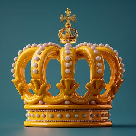 A luxurious golden royal crown adorned with pearls and sparkling jewels, symbolizing power and prestige.の素材