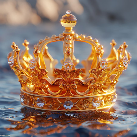 A luxurious golden crown adorned with sparkling diamonds rests on the surface of shimmering water, reflecting light.の素材