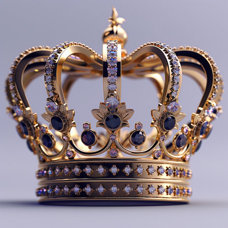 A luxurious golden crown adorned with sparkling diamonds and deep blue jewels, symbolizing royalty and prestige.の素材