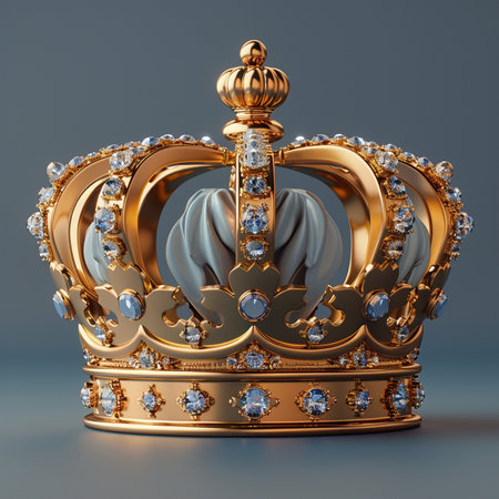 A magnificent golden crown adorned with sparkling blue gemstones and elegant pearls, symbolizing royalty and luxury.の素材