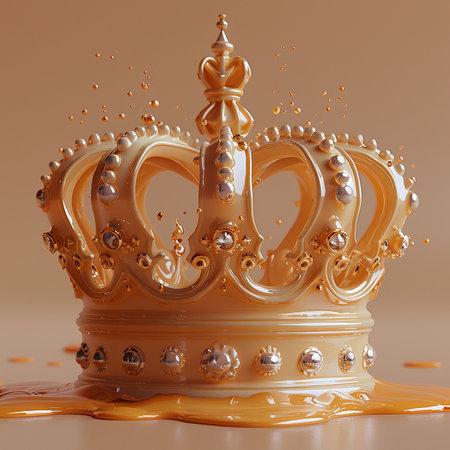 A luxurious golden crown adorned with pearls and diamonds, sitting in a pool of golden liquid with splashing droplets.の素材