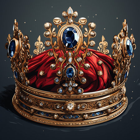 A richly detailed golden crown, embellished with large blue gemstones and sparkling white diamonds, symbolizing royalty and luxury.の素材