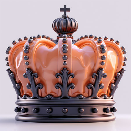 A detailed, shiny orange crown with black decorative elements and a cross on top, set against a plain background.の素材