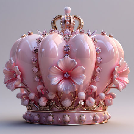 An ornate pink crown adorned with sparkling gemstones and delicate floral elements, symbolizing royalty and elegance.の素材