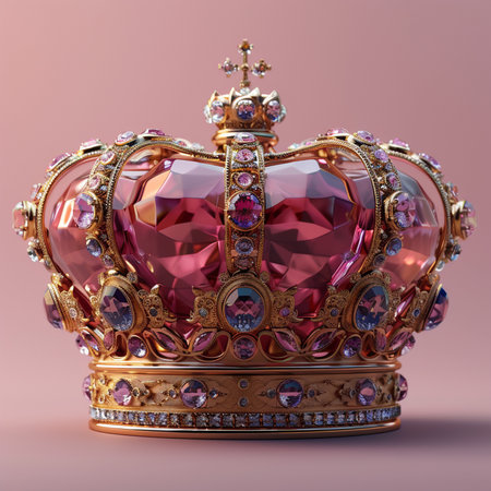 An ornate golden crown adorned with large pink gemstones and smaller clear and purple crystals, set against a soft pink background.の素材
