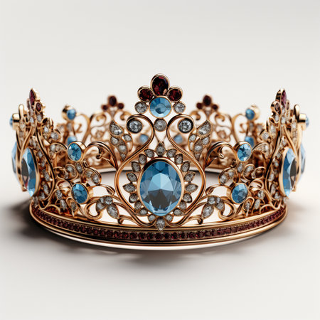 An ornate, intricately detailed golden crown adorned with large blue gemstones and smaller red and diamond accents, set against a clean white background.の素材