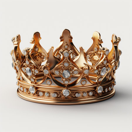 A luxurious golden crown adorned with sparkling diamonds, symbolizing power, wealth, and royalty. Intricate design on a clean white background.の素材