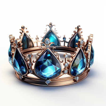 An ornate crown crafted from gold and adorned with large, brilliant blue gemstones and smaller diamonds, presented on a clean white background.の素材