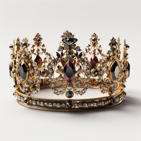 A detailed, ornate gold crown featuring large red gemstones and sparkling diamonds, presented on a clean white background.の素材