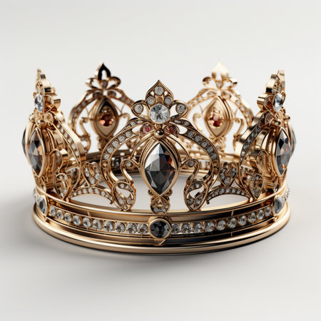 An exquisite, ornate gold crown embellished with numerous diamonds and deep-colored gemstones, resting on a clean white background.の素材