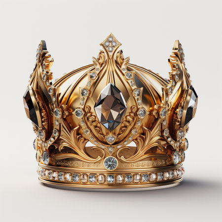 A stunning, ornate gold crown encrusted with brilliant diamonds and deep-colored gemstones, set against a clean white background.の素材