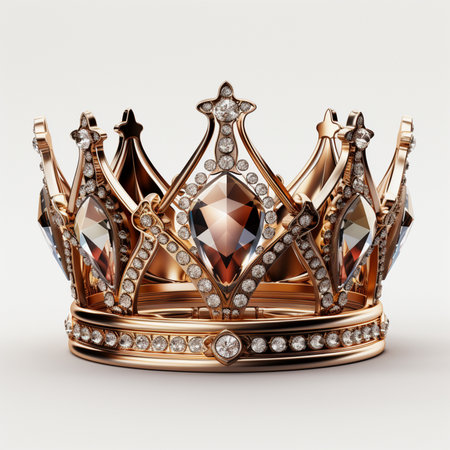 A stunning, ornate gold crown embellished with numerous sparkling diamonds and large central gemstones, presented on a clean white background.の素材