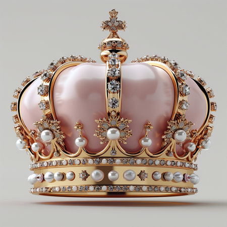 An ornate, royal crown adorned with pearls, diamonds, and intricate gold detailing, set against a neutral background.の素材