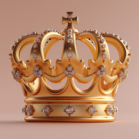 A regal, ornate golden crown lavishly decorated with sparkling diamonds, presented against a smooth, neutral beige background.の素材