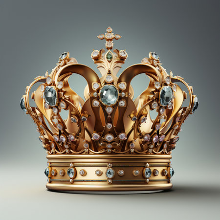 A richly detailed golden crown, encrusted with numerous diamonds and blue gemstones, symbolizing power and regality against a neutral background.の素材