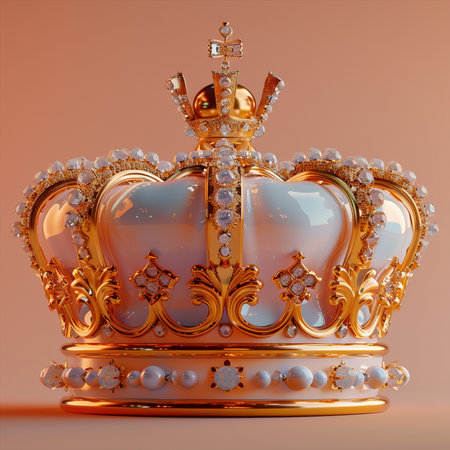 A close-up view of an opulent gold crown, intricately decorated with sparkling diamonds and elegant pearls against a soft, neutral background.の素材