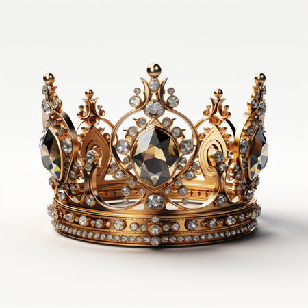 An opulent golden crown adorned with numerous sparkling diamonds and a large central gem, presented on a clean white background. Regal and majestic.の素材