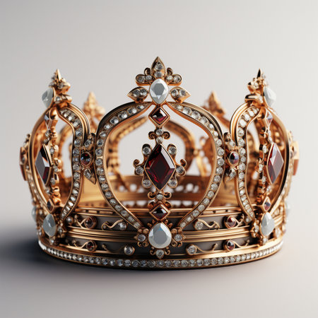 An elaborate golden crown adorned with deep red rubies and sparkling diamonds, symbolizing royalty and luxury.の素材