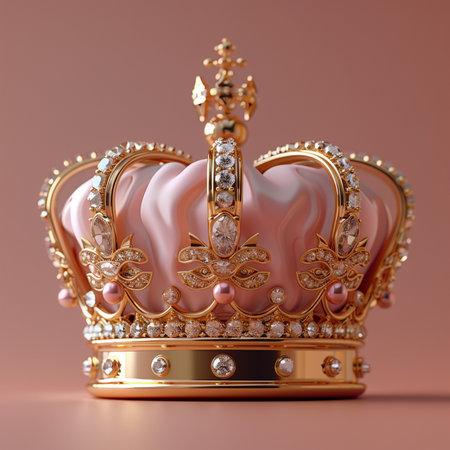 A richly adorned gold crown with pink fabric and sparkling gemstones, symbolizing royalty and luxury.の素材