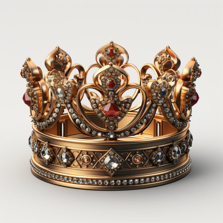 An opulent golden crown adorned with deep red and sparkling white gemstones, representing royalty and luxury.の素材