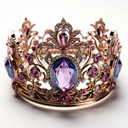 An ornate rose gold tiara crown adorned with dazzling pink and blue gemstones, intricately designed for a regal and elegant look.の素材