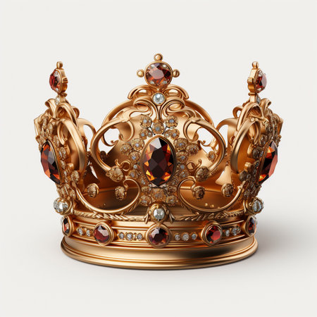 A luxurious golden crown adorned with rich red and sparkling white gemstones, symbolizing royalty and prestige.の素材