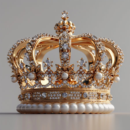 A detailed, opulent golden crown adorned with sparkling diamonds and elegant pearls, symbolizing royalty and wealth.の素材
