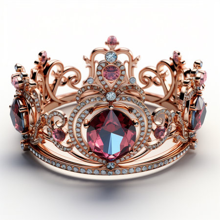 An ornate rose gold crown adorned with a large central ruby and sparkling diamonds, exuding luxury and elegance.の素材