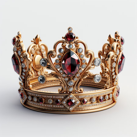 A luxurious golden crown adorned with deep red gemstones and sparkling diamonds on a white background, symbolizing royalty and prestige.の素材