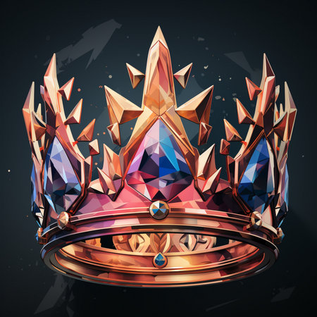 An ornate golden crown adorned with vibrant blue and pink gemstones, set against a dark, textured background.の素材