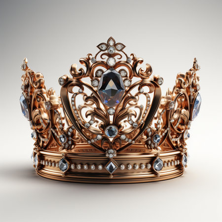 An ornate, jewel-encrusted gold crown, intricately designed with precious diamonds and blue gemstones, displayed on a neutral background.の素材