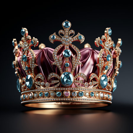 An ornate golden crown adorned with sparkling diamonds and large blue gemstones, set against a dark background. Regal and exquisite.の素材