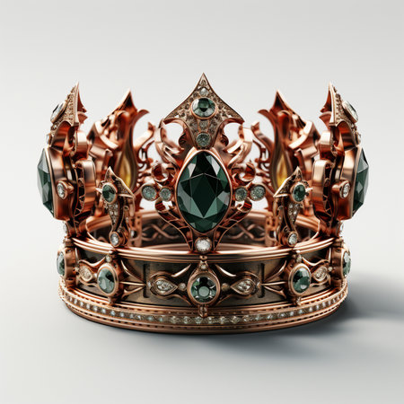 An exquisite rose gold crown adorned with deep green emeralds and sparkling diamonds on a clean white background.の素材