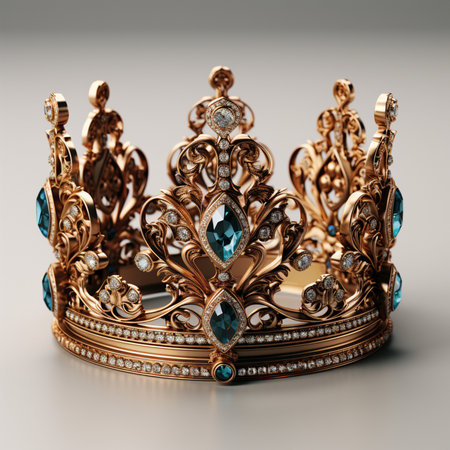 An opulent gold crown adorned with large blue gemstones and sparkling diamonds, showcasing intricate craftsmanship.の素材