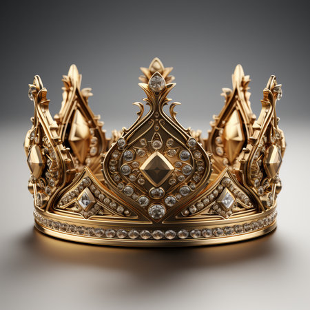 A detailed, ornate gold crown adorned with sparkling diamonds and precious gems, symbolizing royalty and wealth. Studio shot.の素材