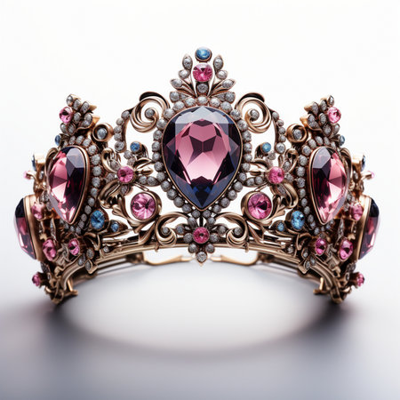 An exquisite gold tiara adorned with large pink gemstones and small diamond accents, showcasing intricate ornate scrollwork. Perfect for royalty or special occasions.の素材