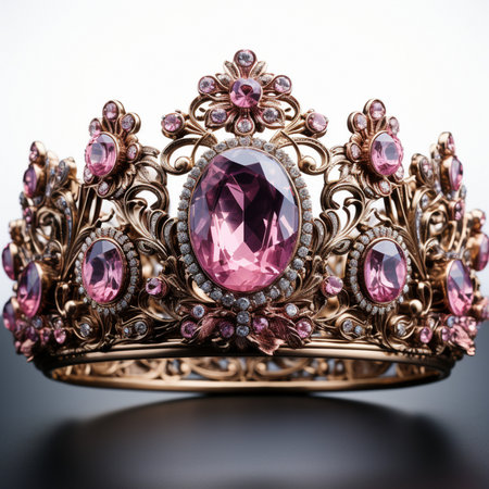 An ornate gold tiara adorned with large pink gemstones and smaller diamonds, set against a clean white background with a reflective surface.の素材