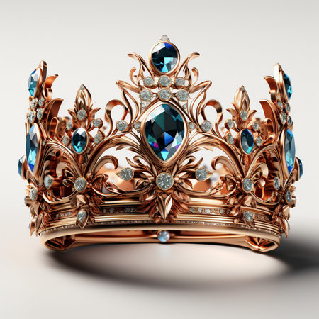 A detailed close-up of a luxurious golden crown adorned with sparkling diamonds and deep blue sapphires, exuding regality.の素材