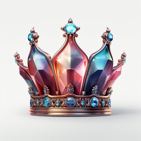 A majestic crown adorned with colorful gemstones and diamonds, on a clean white background. Symbol of royalty, power, and wealth.の素材