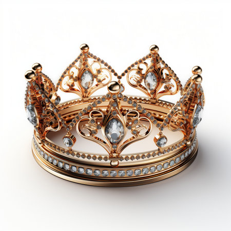 An ornate golden crown adorned with sparkling diamonds, symbolizing royalty and luxury. High-quality render on a white background.の素材