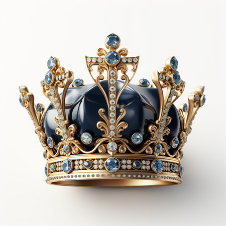 A detailed, opulent golden crown adorned with sparkling blue gemstones and diamonds, presented on a clean white backdrop.の素材