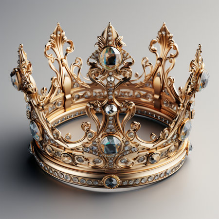 A detailed, ornate golden crown adorned with sparkling diamonds and precious gemstones, symbolizing royalty and prestige. High-quality regal accessory.の素材