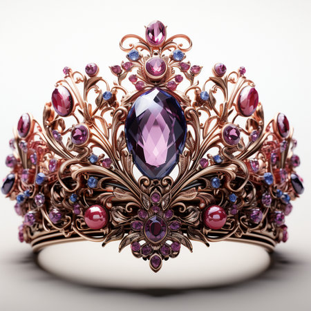 An exquisite, ornate tiara adorned with vibrant purple and red gemstones, set in an intricate gold-colored metal filigree. Elegant regal headwear.の素材